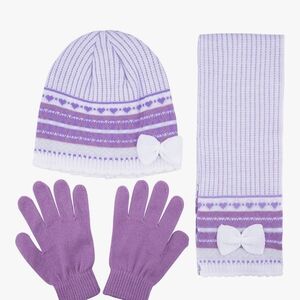 NEW Pengoodles Purple Kids Hat, Scarf & Gloves Set with Bow